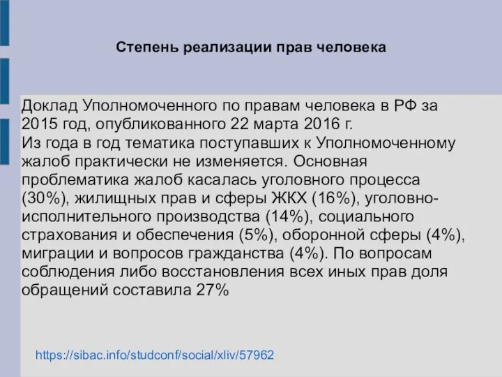 Степень реализации прав человека Доклад Уполномоченного по правам человека в РФ