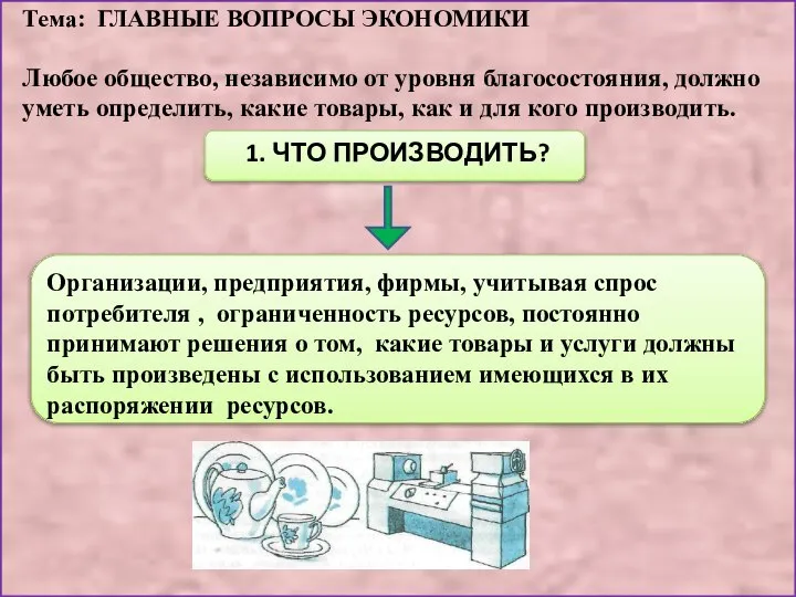 Тема: ГЛАВНЫЕ ВОПРОСЫ ЭКОНОМИКИ Любое общество, независимо от уровня благосостояния, должно