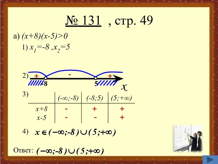 № 131 , стр. 49 a) (x+8)(x-5)>0 1) x1=-8 ,x2=5 2)