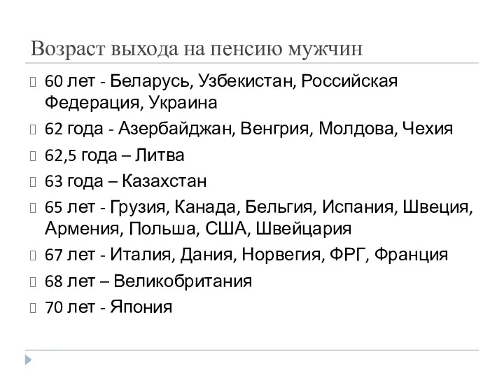 Возраст выхода на пенсию мужчин 60 лет - Беларусь, Узбекистан, Российская