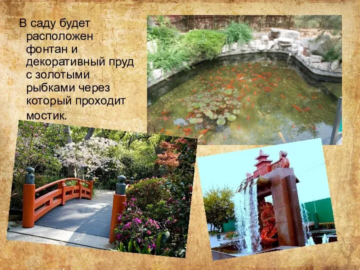 В саду будет расположен фонтан и декоративный пруд с золотыми рыбками через который проходит мостик.