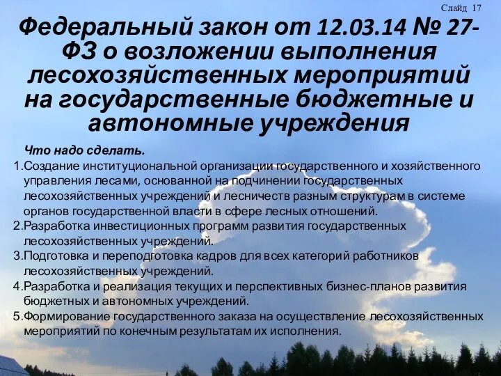 Федеральный закон от 12.03.14 № 27-ФЗ о возложении выполнения лесохозяйственных мероприятий