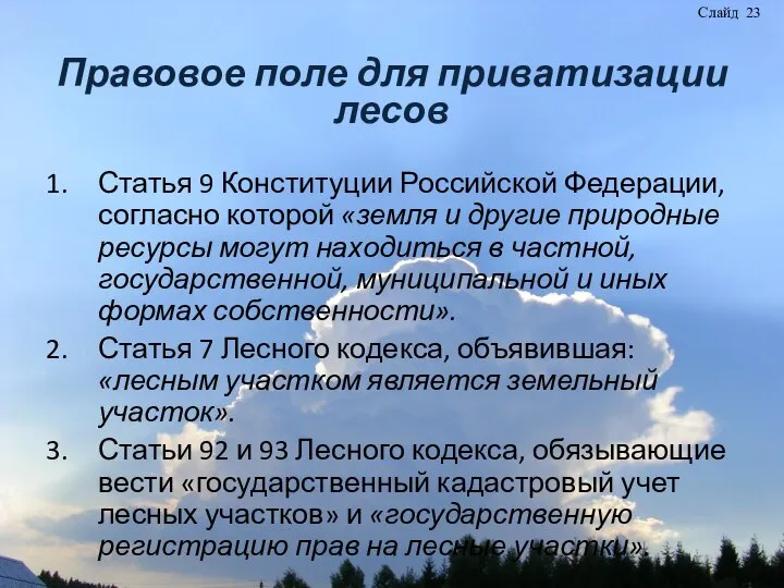 Правовое поле для приватизации лесов Статья 9 Конституции Российской Федерации, согласно