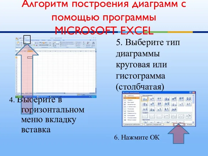 4. Выберите в горизонтальном меню вкладку вставка Алгоритм построения диаграмм с