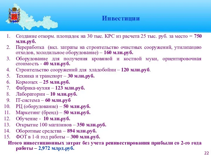 Инвестиции Создание откорм. площадок на 30 тыс. КРС из расчета 25