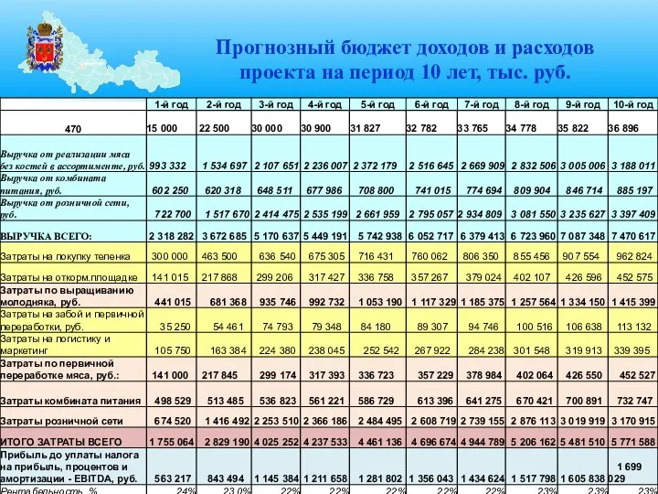 Прогнозный бюджет доходов и расходов проекта на период 10 лет, тыс. руб.