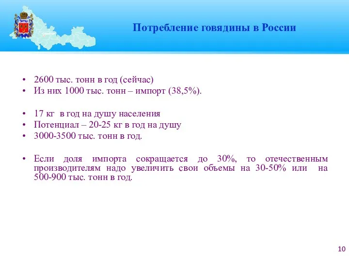 Потребление говядины в России 2600 тыс. тонн в год (сейчас) Из