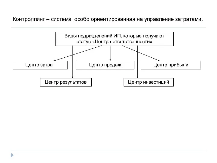 Контроллинг – система, особо ориентированная на управление затратами. Виды подразделений ИП,