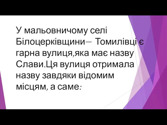 У мальовничому селі Білоцерківщини— Томилівці є гарна вулиця,яка має назву Слави.Ця