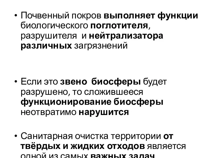 Почвенный покров выполняет функции биологического поглотителя, разрушителя и нейтрализатора различных загрязнений