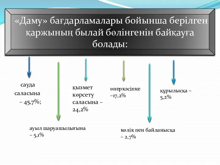 сауда саласына – 45,7%; «Даму» бағдарламалары бойынша берілген қаржының былай бөлінгенін