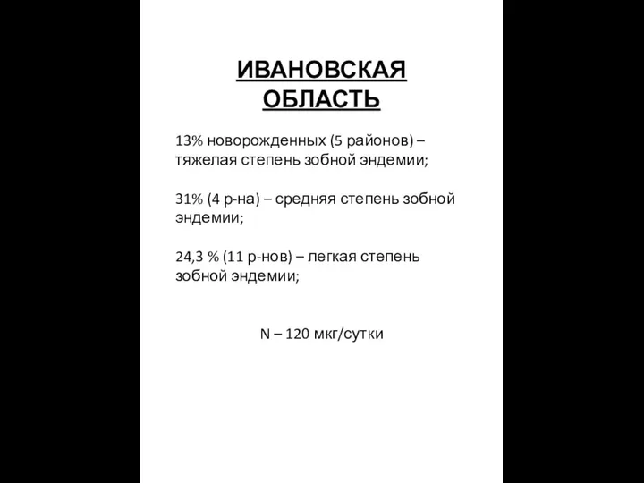 ИВАНОВСКАЯ ОБЛАСТЬ 13% новорожденных (5 районов) – тяжелая степень зобной эндемии;