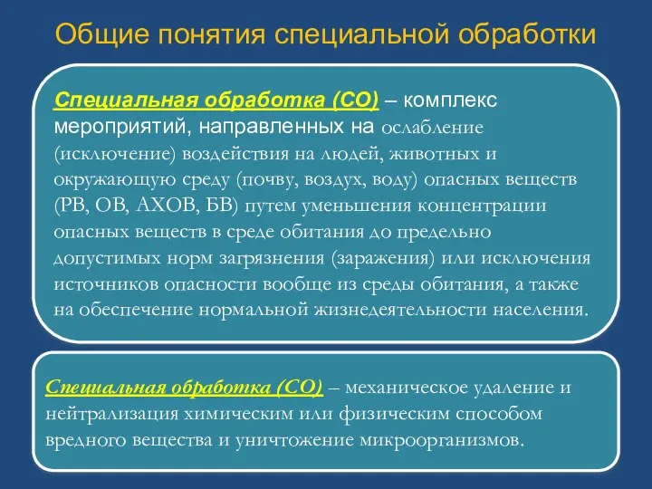 Специальная обработка (СО) – комплекс мероприятий, направленных на ослабление (исключение) воздействия