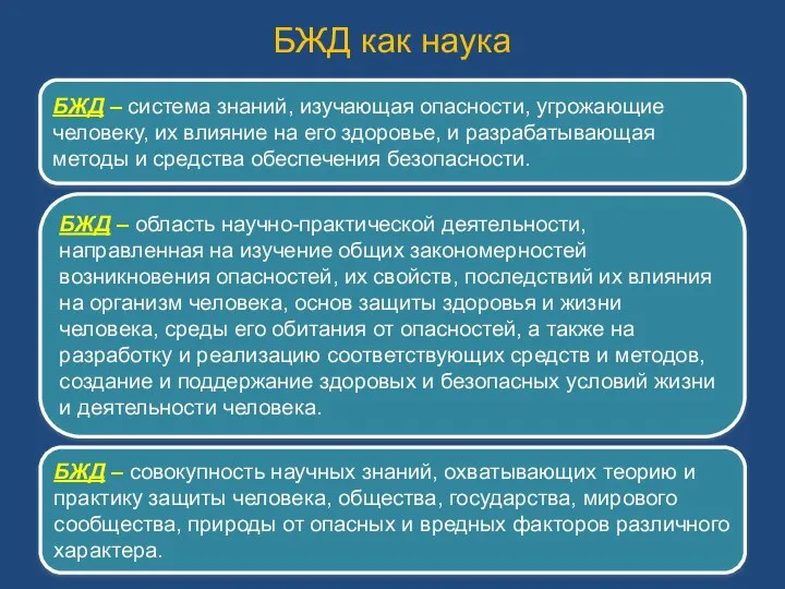 БЖД как наука БЖД – область научно-практической деятельности, направленная на изучение