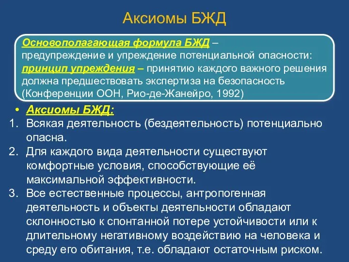 Аксиомы БЖД Аксиомы БЖД: Всякая деятельность (бездеятельность) потенциально опасна. Для каждого