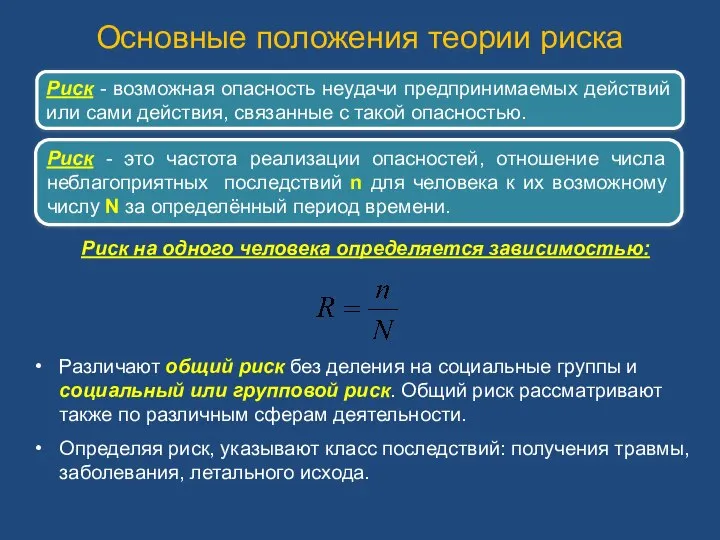 Основные положения теории риска Различают общий риск без деления на социальные