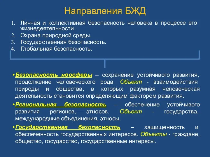 Направления БЖД Личная и коллективная безопасность человека в процессе его жизнедеятельности.