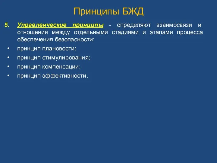 Принципы БЖД Управленческие принципы - определяют взаимосвязи и отношения между отдельными