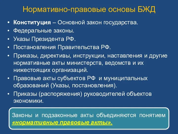 Нормативно-правовые основы БЖД Конституция – Основной закон государства. Федеральные законы. Указы