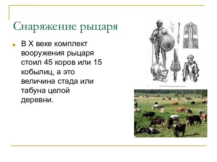 Снаряжение рыцаря В X веке комплект вооружения рыцаря стоил 45 коров