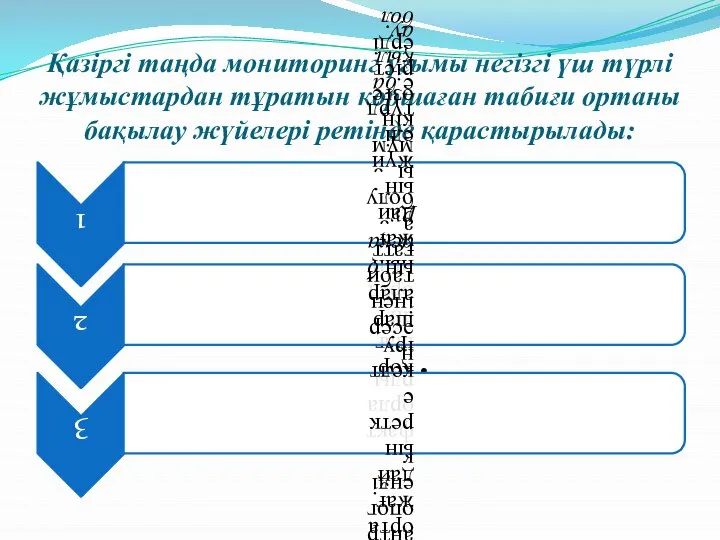 Қазіргі таңда мониторинг ұғымы негізгі үш түрлі жұмыстардан тұратын қоршаған табиғи ортаны бақылау жүйелері ретінде қарастырылады: