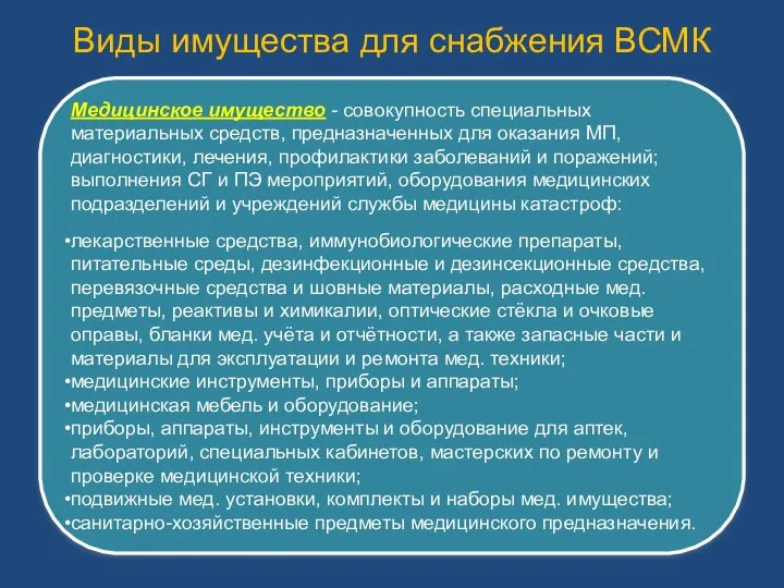 Виды имущества для снабжения ВСМК Медицинское имущество - совокупность специальных материальных