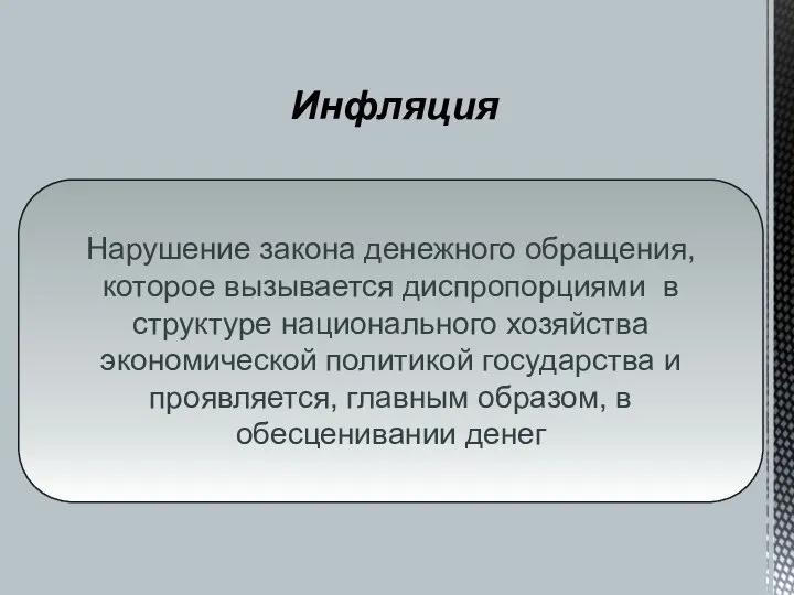 Инфляция Нарушение закона денежного обращения, которое вызывается диспропорциями в структуре национального