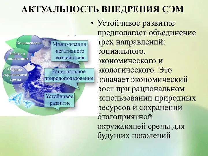 АКТУАЛЬНОСТЬ ВНЕДРЕНИЯ СЭМ Устойчивое развитие предполагает объединение трех направлений: социального, экономического