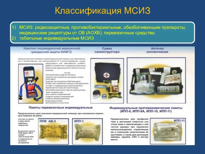 Классификация МСИЗ МСИЗ: радиозащитные, противобактериальные, обезболивающие препараты, медицинские рецептуры от ОВ