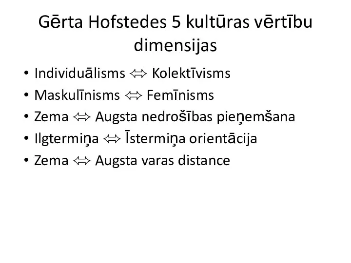 Gērta Hofstedes 5 kultūras vērtību dimensijas Individuālisms ⬄ Kolektīvisms Maskulīnisms ⬄