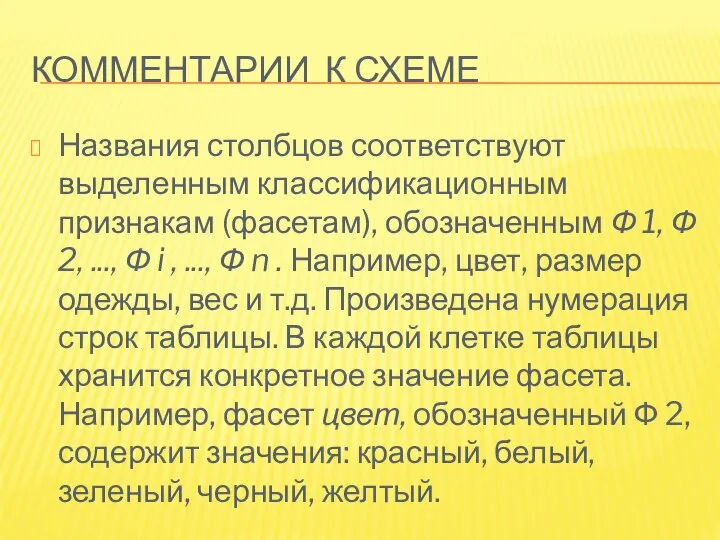 КОММЕНТАРИИ К СХЕМЕ Названия столбцов соответствуют выделенным классификационным признакам (фасетам), обозначенным