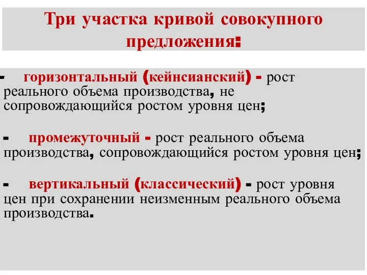 Три участка кривой совокупного предложения: горизонтальный (кейнсианский) - рост реального объема