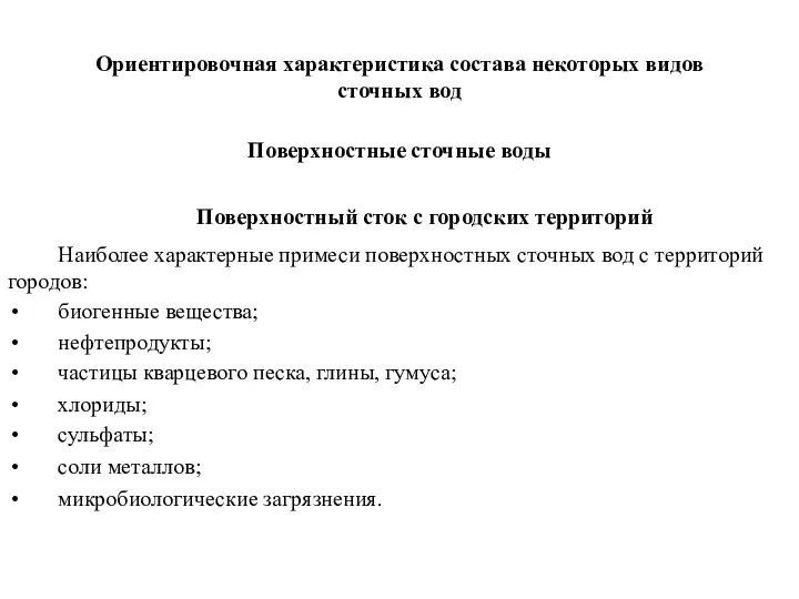 Ориентировочная характеристика состава некоторых видов сточных вод Поверхностные сточные воды Поверхностный