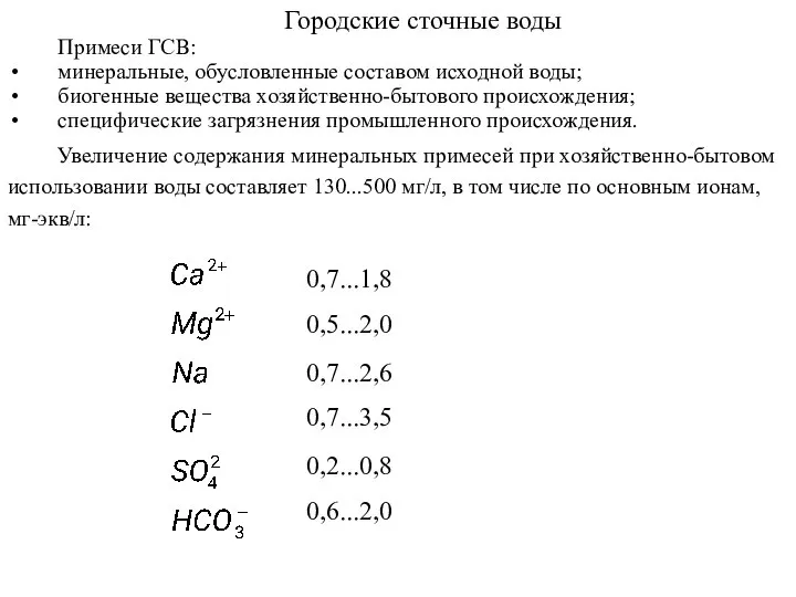 Городские сточные воды Примеси ГСВ: минеральные, обусловленные составом исходной воды; биогенные