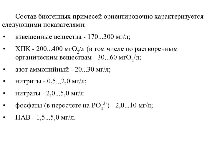 Состав биогенных примесей ориентировочно характеризуется следующими показателями: взвешенные вещества - 170...300