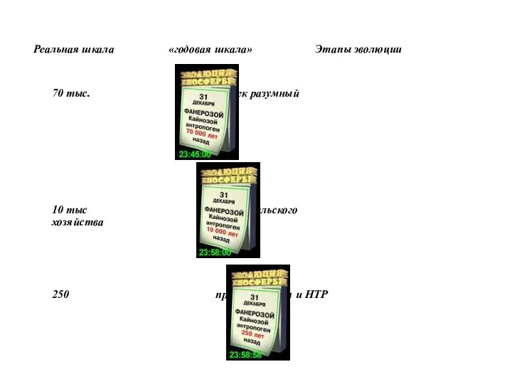 Реальная шкала «годовая шкала» Этапы эволюции 70 тыс. Человек разумный 10