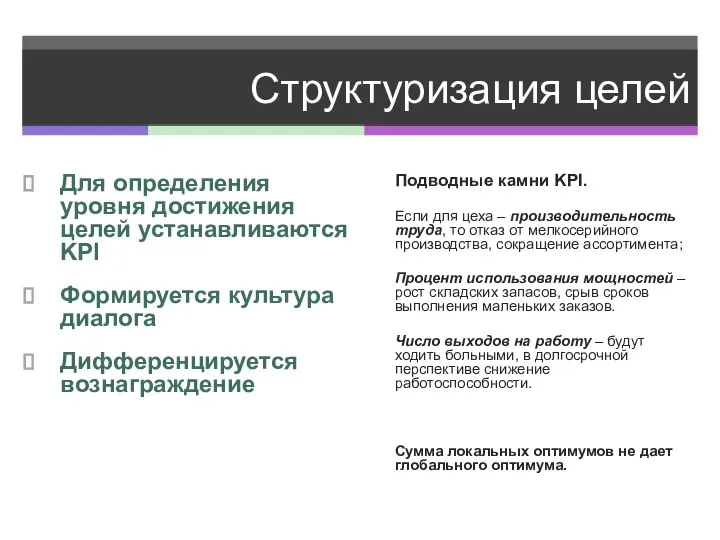 Структуризация целей Для определения уровня достижения целей устанавливаются KPI Формируется культура