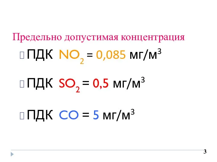 Предельно допустимая концентрация ПДК NO2 = 0,085 мг/м3 ПДК SO2 =