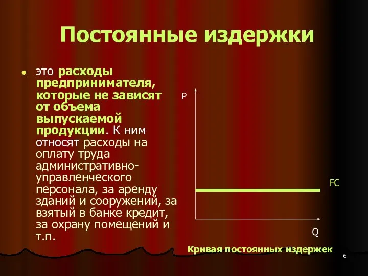 Постоянные издержки это расходы предпринимателя, которые не зависят от объема выпускаемой