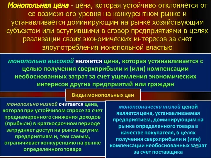 Монопольная цена - цена, которая устойчиво отклоняется от ее возможного уровня