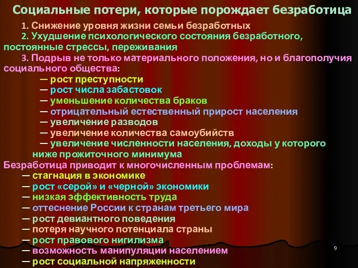 Социальные потери, которые порождает безработица 1. Снижение уровня жизни семьи безработных