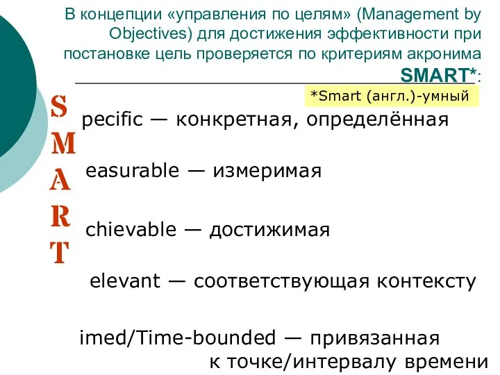 В концепции «управления по целям» (Management by Objectives) для достижения эффективности