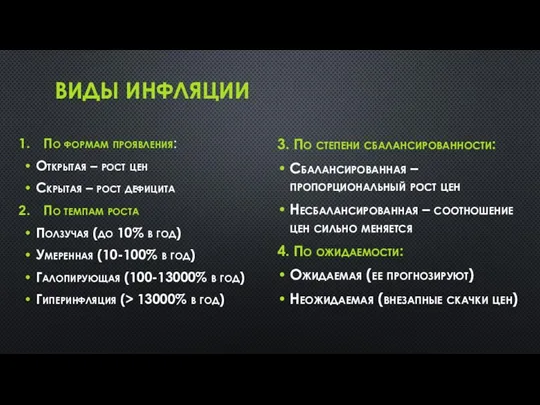 ВИДЫ ИНФЛЯЦИИ По формам проявления: Открытая – рост цен Скрытая –