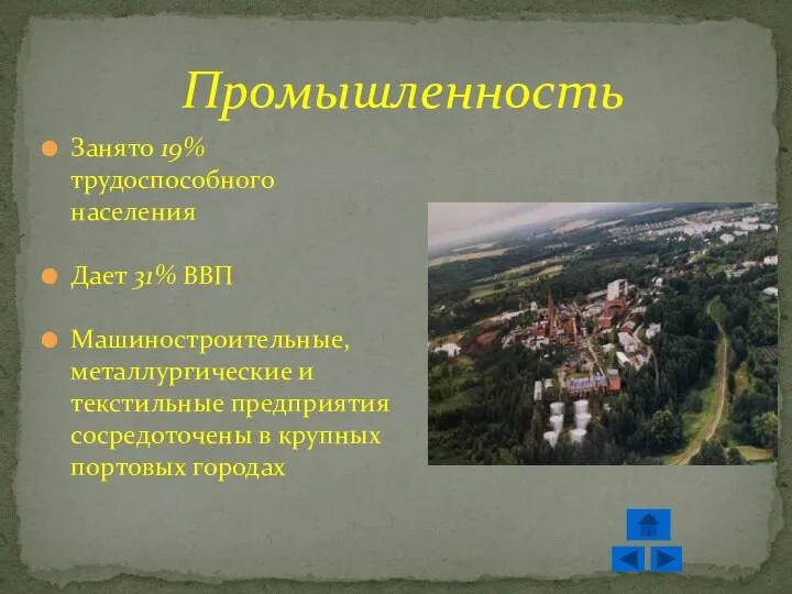 Промышленность Занято 19% трудоспособного населения Дает 31% ВВП Машиностроительные, металлургические и