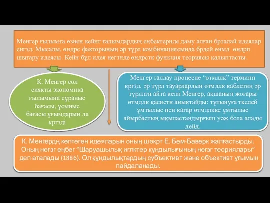 Менгер ғылымға өзнен кейнг ғалымдардың еңбектернде даму алған брталай идеялар енгзд.