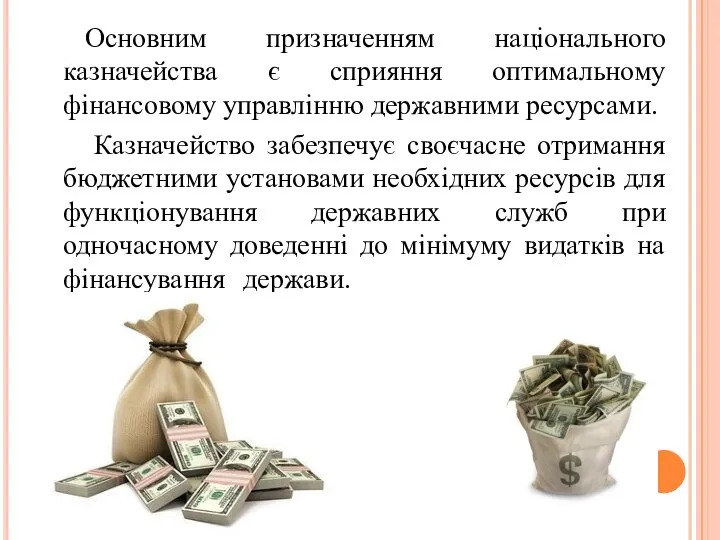 Основним призначенням національного казначейства є сприяння оптимальному фінансовому управлінню державними ресурсами.