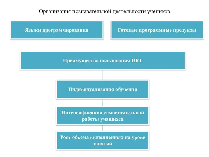 Организация познавательной деятельности учеников Готовые программные продукты Языки программирования Преимущества пользования