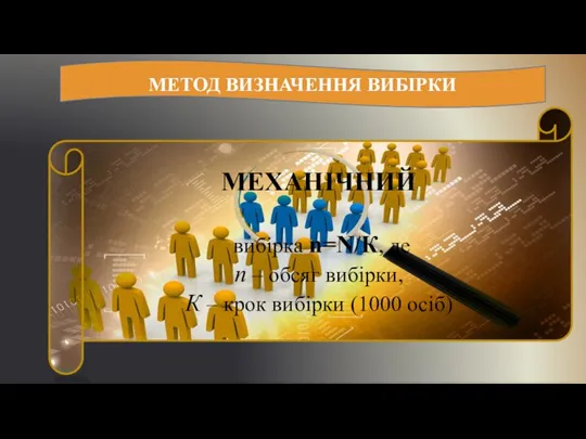 МЕТОД ВИЗНАЧЕННЯ ВИБІРКИ МЕХАНІЧНИЙ вибірка n=N/К, де n – обсяг вибірки,