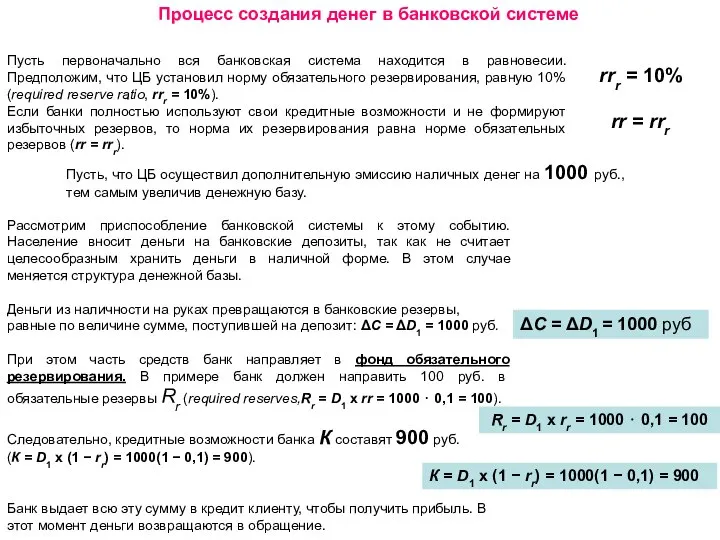 Процесс создания денег в банковской системе Пусть первоначально вся банковская система