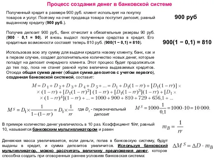 Процесс создания денег в банковской системе Полученный кредит в размере 900